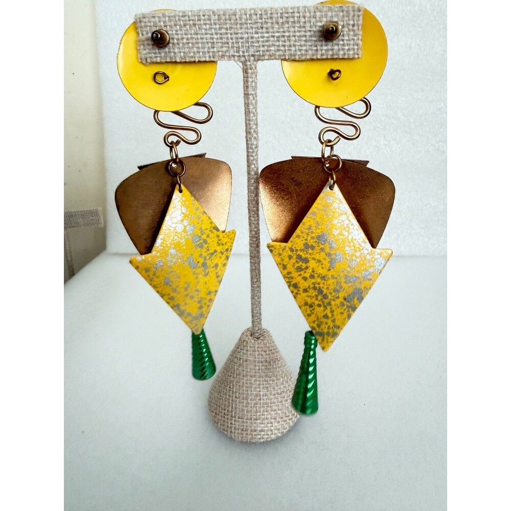 Vintage 1980s Memphis Style Geometric Mixed Metal Dangle Earrings 5 Inch Stateme - Picture 4 of 10